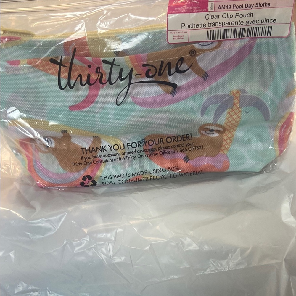 Thirty-One Clear Clip Pouch - Multicolor Sloth Design